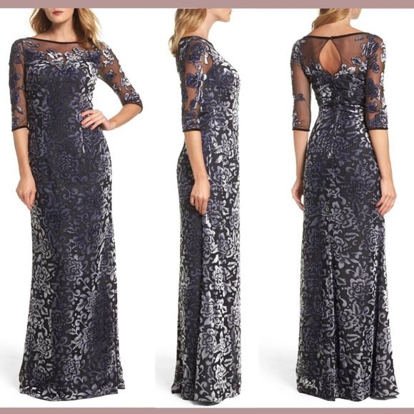 NWT $538 La Femme [ 8 ] Burnout‎ Velvet Column Gown in Black/Gunmetal - Picture 1 of 14